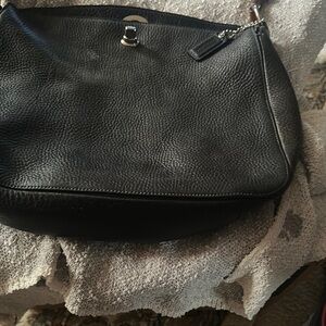 Black Textured Leather Shoulder Bag with Silver Clasp